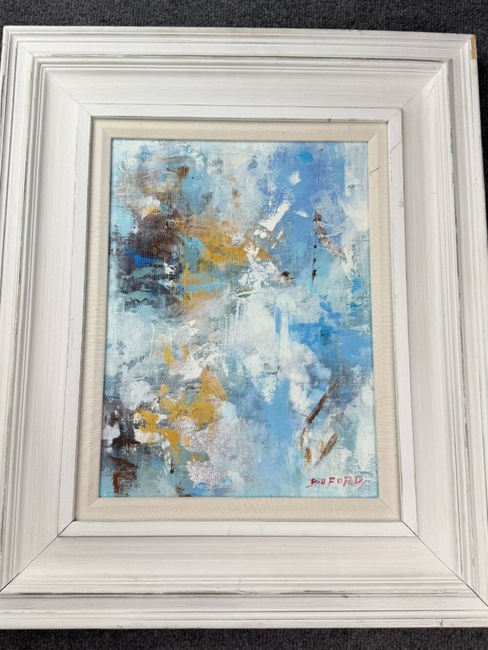 Original Buford Signed Abstract Canvas Painting In White Wood Frame AS IS Wear